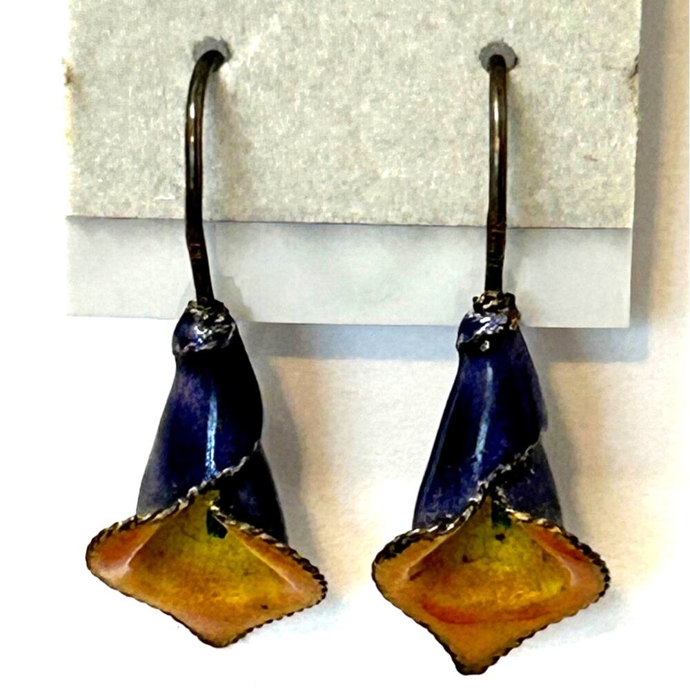 Antique Glass or Ceramic Purple‎ Yellow Calalilly Wire Earrings